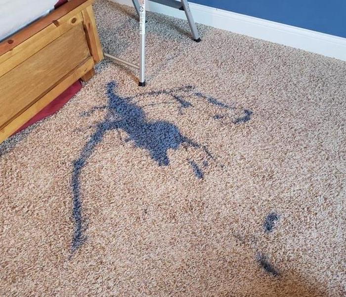 Blue paint spilled on carpet. 