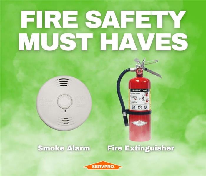 A graphic depicting a fire extinguisher and smoke detector as fire safety must haves.